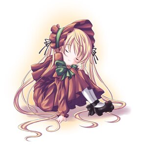 Rating: Safe Score: 0 Tags: 1girl blonde_hair bonnet bow capelet closed_eyes dress full_body green_bow image long_hair long_sleeves shinku shoes sitting solo twintails very_long_hair User: admin