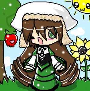 Rating: Safe Score: 0 Tags: 1girl blush brown_hair chibi dress flower food green_dress green_eyes hair_ornament hat head_scarf image long_hair long_sleeves open_mouth solo standing suiseiseki very_long_hair User: admin