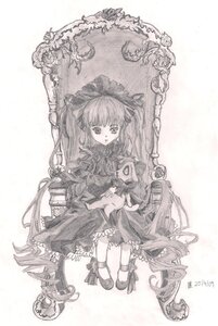 Rating: Safe Score: 0 Tags: 1girl bow image long_hair monochrome ribbon shinku sitting solo traditional_media very_long_hair User: admin