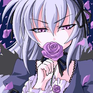 Rating: Safe Score: 0 Tags: 1girl choker dress flower frills gothic_lolita hairband image lolita_fashion petals purple_flower purple_rose ribbon rose silver_hair solo suigintou wings User: admin