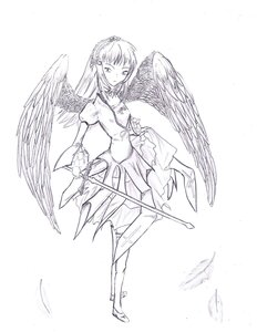 Rating: Safe Score: 0 Tags: 1girl angel_wings bangs closed_mouth dress eyebrows_visible_through_hair feathered_wings feathers full_body greyscale holding_weapon image long_hair long_sleeves looking_at_viewer monochrome solo standing suigintou weapon white_background wings User: admin