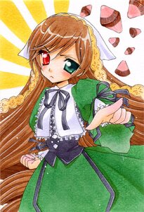 Rating: Safe Score: 0 Tags: 1girl black_ribbon blush brown_hair dress frills green_dress green_eyes heterochromia image long_hair long_sleeves looking_at_viewer red_eyes ribbon solo suiseiseki traditional_media very_long_hair white_background User: admin