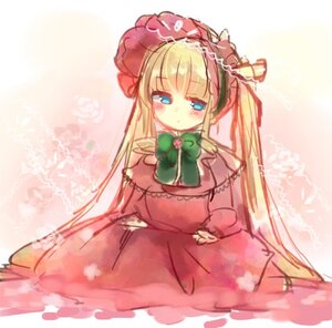 Rating: Safe Score: 0 Tags: 1girl blonde_hair blue_eyes blush bonnet bow bowtie dress green_bow image long_hair long_sleeves looking_at_viewer red_dress shinku sitting solo twintails very_long_hair User: admin