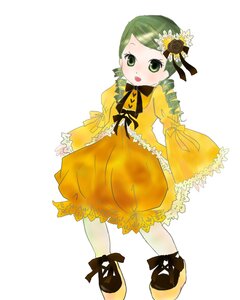Rating: Safe Score: 0 Tags: 1girl blush dress drill_hair flower frills full_body green_eyes green_hair hair_ornament image kanaria long_sleeves open_mouth pantyhose ribbon solo standing striped twin_drills vertical_stripes white_background white_legwear yellow_dress User: admin