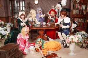 Rating: Safe Score: 0 Tags: blonde_hair brown_hair dress flower hat indoors long_hair multiple_cosplay multiple_girls sitting table tagme User: admin