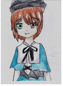 Rating: Safe Score: 0 Tags: 1girl bangs brown_hair capelet closed_mouth eyebrows_visible_through_hair green_eyes heterochromia image looking_at_viewer red_eyes short_hair simple_background smile solo souseiseki traditional_media upper_body white_background white_shirt User: admin