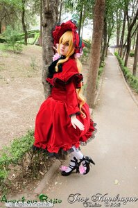 Rating: Safe Score: 0 Tags: 1girl blonde_hair bonnet bow day dress long_hair outdoors pantyhose red_dress shinku solo tree User: admin