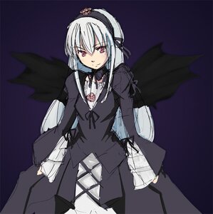 Rating: Safe Score: 0 Tags: 1girl black_wings dress flower frills hairband image long_hair long_sleeves looking_at_viewer pink_eyes silver_hair simple_background smile solo suigintou wings User: admin