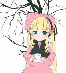 Rating: Safe Score: 0 Tags: 1girl bangs blonde_hair blue_eyes blush bonnet cup flower holding image long_hair long_sleeves pink_rose rose shinku smile solo teacup tree twintails upper_body very_long_hair User: admin