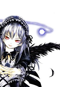 Rating: Safe Score: 0 Tags: 1girl black_ribbon black_wings dress feathered_wings feathers flower frills hairband image long_hair long_sleeves looking_at_viewer red_eyes ribbon rose simple_background solo suigintou upper_body white_background wings User: admin