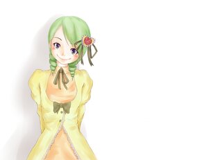 Rating: Safe Score: 0 Tags: 1girl arms_behind_back blue_eyes blush braid dress flower green_hair hair_flower hair_ornament image kanaria long_sleeves looking_at_viewer ribbon simple_background smile solo striped upper_body white_background yellow_dress User: admin