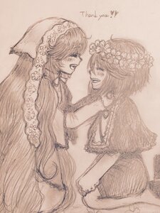 Rating: Safe Score: 0 Tags: 2girls blush dress flower image long_hair monochrome multiple_girls pair short_hair smile souseiseki suiseiseki traditional_media yuri User: admin