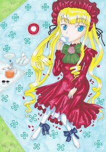Rating: Safe Score: 0 Tags: 1girl blonde_hair blue_eyes bonnet bow bowtie cup dress flower food image long_hair pantyhose petals red_dress saucer shinku shoes solo teacup traditional_media very_long_hair User: admin