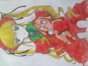 Rating: Safe Score: 0 Tags: 1girl blonde_hair blue_eyes bonnet bow dress flower green_bow image long_hair long_sleeves looking_at_viewer marker_(medium) photo red_dress shinku sidelocks simple_background solo traditional_media twintails User: admin