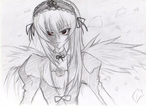 Rating: Safe Score: 0 Tags: 1girl black_wings dress feathered_wings flower frills hairband image long_hair long_sleeves looking_at_viewer monochrome rose solo suigintou traditional_media upper_body wings User: admin