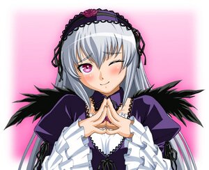 Rating: Safe Score: 3 Tags: 1girl black_wings blush commentary_request detached_collar dress frilled_sleeves frills hairband head_tilt ichikawa_masahiro image long_hair long_sleeves looking_at_viewer one_eye_closed pink_eyes rose rozen_maiden silver_hair smile solo steepled_fingers suigintou upper_body wings User: admin