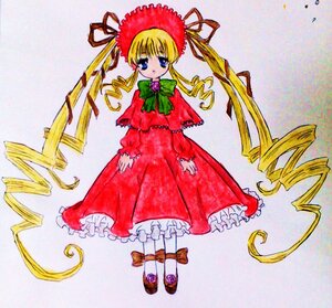 Rating: Safe Score: 0 Tags: 1girl blonde_hair blue_eyes bonnet bow bowtie dress drill_hair frills full_body green_bow image long_hair long_sleeves looking_at_viewer red_dress ringlets shinku shoes solo standing twin_drills twintails very_long_hair white_legwear User: admin