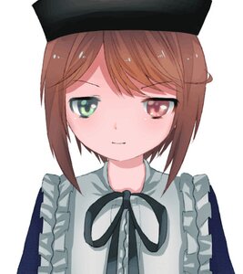 Rating: Safe Score: 0 Tags: 1girl apron bangs black_ribbon brown_eyes brown_hair closed_mouth eyebrows_visible_through_hair frills green_eyes hat image looking_at_viewer ribbon short_hair simple_background solo souseiseki striped upper_body white_background User: admin