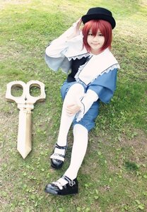 Rating: Safe Score: 0 Tags: 1girl grass hat long_sleeves outdoors red_hair short_hair sitting smile solo souseiseki white_legwear User: admin