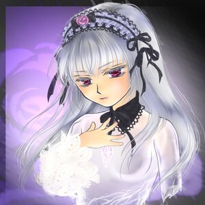 Rating: Safe Score: 0 Tags: 1girl black_ribbon closed_mouth detached_collar dress flower frills hairband image long_hair long_sleeves looking_at_viewer ribbon rose silver_hair solo suigintou upper_body User: admin