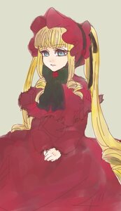 Rating: Safe Score: 0 Tags: 1girl blonde_hair blue_eyes bonnet bow dress drill_hair image long_hair long_sleeves looking_at_viewer red_dress shinku simple_background solo twintails User: admin