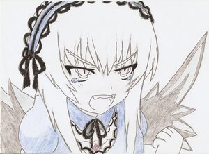 Rating: Safe Score: 0 Tags: 1girl bangs black_wings dress eyebrows_visible_through_hair flower frills hairband image long_hair long_sleeves open_mouth ribbon rose simple_background solo suigintou tears teeth traditional_media upper_body white_background wings User: admin