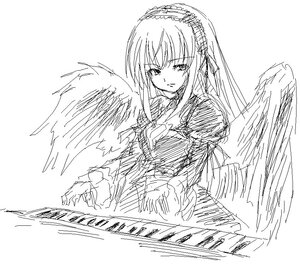 Rating: Safe Score: 0 Tags: 1girl bangs closed_mouth dress feathered_wings frills greyscale hairband image juliet_sleeves long_hair long_sleeves looking_at_viewer monochrome simple_background solo suigintou white_background wings User: admin