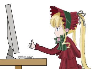 Rating: Safe Score: 0 Tags: 1girl blonde_hair blue_eyes bonnet bow bowtie cup dress flower green_bow image index_finger_raised long_hair long_sleeves looking_afar pointing red_dress rose shinku simple_background solo twintails white_background User: admin