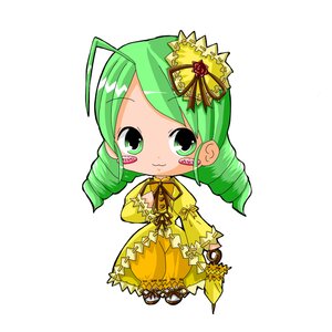 Rating: Safe Score: 0 Tags: 1girl ahoge chibi crown dress drill_hair full_body green_eyes green_hair image kanaria long_sleeves puffy_sleeves smile solo standing twin_drills white_background yellow_dress User: admin