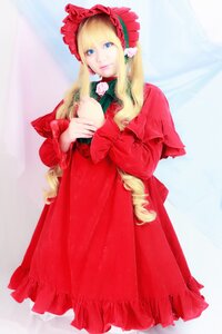 Rating: Safe Score: 0 Tags: 1girl blonde_hair blue_eyes bonnet bow dress drill_hair flower long_hair long_sleeves looking_at_viewer red_dress rose shinku solo twin_drills User: admin