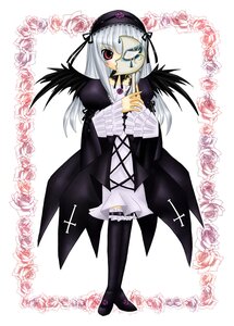 Rating: Safe Score: 0 Tags: 1girl boots cross dress eyepatch flower frills full_body hairband hat image long_hair long_sleeves red_eyes rose silver_hair solo striped suigintou vertical_stripes wings User: admin