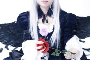 Rating: Safe Score: 0 Tags: 1girl black_dress black_wings dress feathered_wings flower gothic_lolita head_out_of_frame holding holding_flower juliet_sleeves long_hair long_sleeves puffy_sleeves red_flower ribbon rose simple_background solo suigintou upper_body white_background white_hair wings User: admin