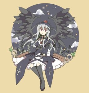 Rating: Safe Score: 0 Tags: 1girl black_wings dress flower hairband image long_hair long_sleeves moon red_eyes rose silver_hair solo suigintou wings User: admin