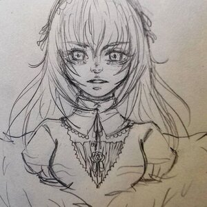 Rating: Safe Score: 0 Tags: 1girl choker detached_collar dress greyscale image long_hair looking_at_viewer monochrome sketch solo suigintou traditional_media upper_body User: admin