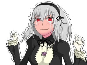 Rating: Safe Score: 0 Tags: 1girl breasts dress flower hairband image long_sleeves red_eyes ribbon simple_background solo suigintou tears transparent_background trembling upper_body white_background User: admin