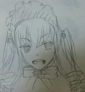 Rating: Safe Score: 0 Tags: 1girl greyscale image lineart long_hair looking_at_viewer maid_headdress monochrome shinku signature sketch solo User: admin