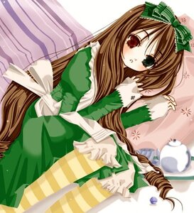 Rating: Safe Score: 0 Tags: 1girl blush bow brown_hair dress drill_hair frills green_dress green_eyes hair_bow heterochromia image long_hair long_sleeves looking_at_viewer pantyhose red_eyes sitting solo striped striped_legwear suiseiseki twin_drills very_long_hair User: admin