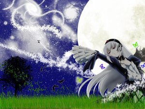 Rating: Safe Score: 0 Tags: 1girl bird black_wings dress feathers field flower frilled_sleeves grass hairband image long_hair long_sleeves moon night night_sky outdoors pink_eyes silver_hair sky solo star_(sky) starry_sky suigintou very_long_hair wings User: admin
