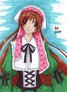 Rating: Safe Score: 0 Tags: 1girl auto_tagged brown_hair dress frills green_dress green_eyes hat head_scarf heterochromia image long_hair long_sleeves looking_at_viewer red_eyes smile solo suiseiseki very_long_hair User: admin