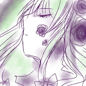 Rating: Safe Score: 0 Tags: 1girl eyebrows_visible_through_hair flower image long_hair monochrome purple_flower purple_rose rose solo suigintou User: admin