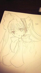 Rating: Safe Score: 0 Tags: 1girl bonnet bow image long_hair looking_at_viewer monochrome shinku sketch solo traditional_media twintails upper_body User: admin