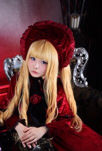 Rating: Safe Score: 0 Tags: 1girl bangs blonde_hair blue_eyes bonnet candle dress eyelashes flower hands_together lips long_hair long_sleeves looking_at_viewer own_hands_together red_dress rose shinku solo User: admin