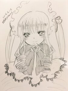 Rating: Safe Score: 0 Tags: 1girl bangs blush dated dress drill_hair flower frills image long_hair long_sleeves looking_at_viewer monochrome mouth_hold photo rose shinku simple_background smile solo traditional_media twin_drills upper_body User: admin