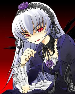 Rating: Safe Score: 0 Tags: 1girl dress flower frills hairband image juliet_sleeves lolita_fashion long_hair long_sleeves looking_at_viewer red_eyes rose shaded_face silver_hair smile solo suigintou upper_body wings User: admin