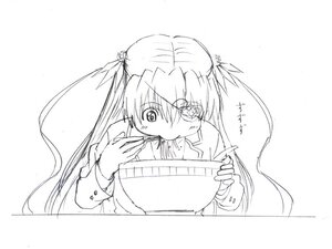 Rating: Safe Score: 0 Tags: 1girl barasuishou chopsticks eating eyepatch food image long_hair long_sleeves looking_at_viewer monochrome noodles simple_background solo twintails upper_body User: admin
