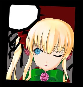 Rating: Safe Score: 0 Tags: 1girl black_border blonde_hair blue_eyes border circle_cut flower image letterboxed long_hair looking_at_viewer one_eye_closed pink_rose rose shinku solo twintails User: admin