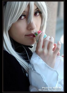 Rating: Safe Score: 0 Tags: 1girl black_border black_nails border letterboxed lips looking_at_viewer makeup nail_polish realistic red_eyes solo suigintou white_hair User: admin