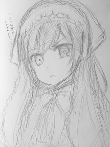 Rating: Safe Score: 0 Tags: 1girl capelet closed_mouth eyebrows_visible_through_hair greyscale hairband image long_hair looking_at_viewer monochrome simple_background sketch solo suiseiseki traditional_media upper_body User: admin