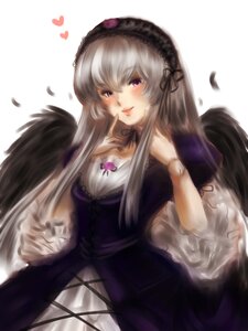 Rating: Safe Score: 0 Tags: 1girl black_wings blush detached_collar dress feathers flower frills hairband image long_hair long_sleeves looking_at_viewer pink_eyes silver_hair simple_background solo suigintou very_long_hair white_background wings User: admin