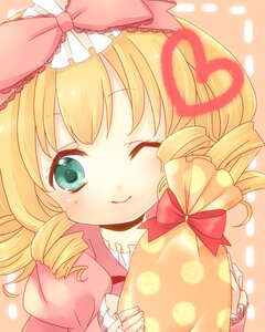 Rating: Safe Score: 0 Tags: 1girl blonde_hair blush bow dress drill_hair frills hina_ichigo hinaichigo image looking_at_viewer one_eye_closed pillow pillow_hug pink_bow pink_dress puffy_sleeves smile solo twin_drills upper_body User: admin